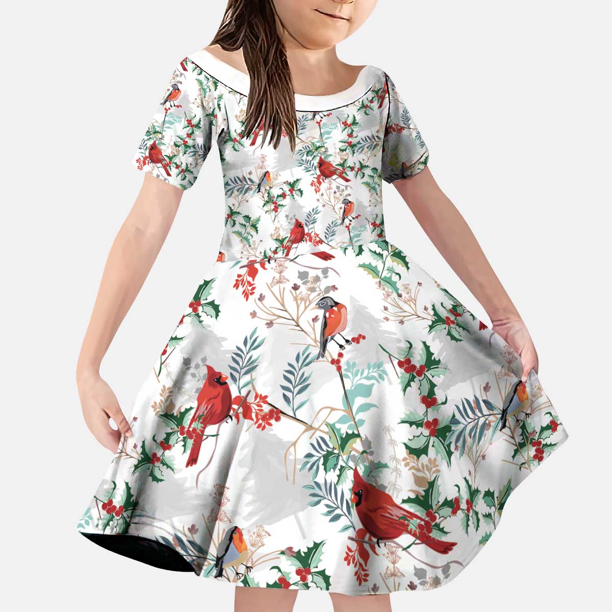Cardinal Christmas White Kid Short Sleeve Dress Xmas Pattern - Wonder Print Shop