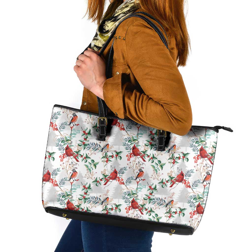 Cardinal Christmas White Leather Tote Bag Xmas Pattern - Wonder Print Shop