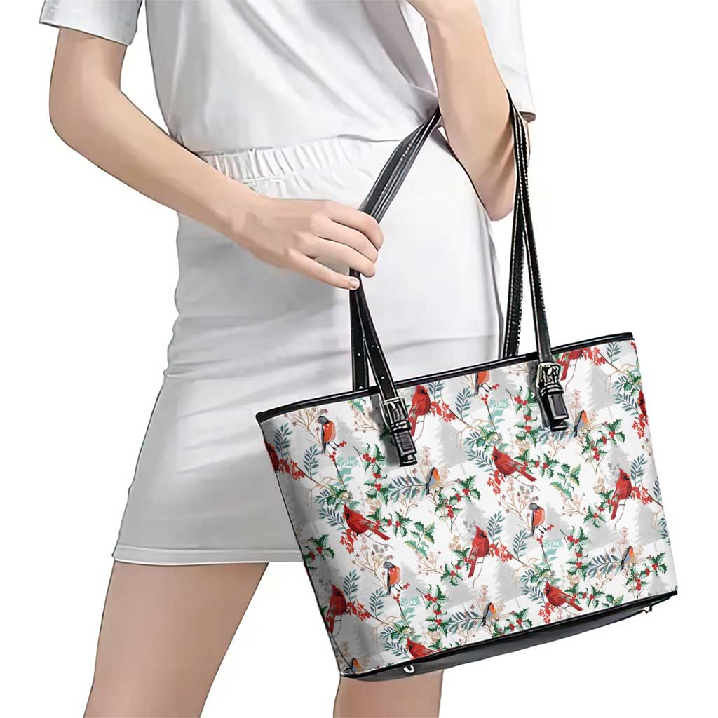 Cardinal Christmas White Leather Tote Bag Xmas Pattern - Wonder Print Shop