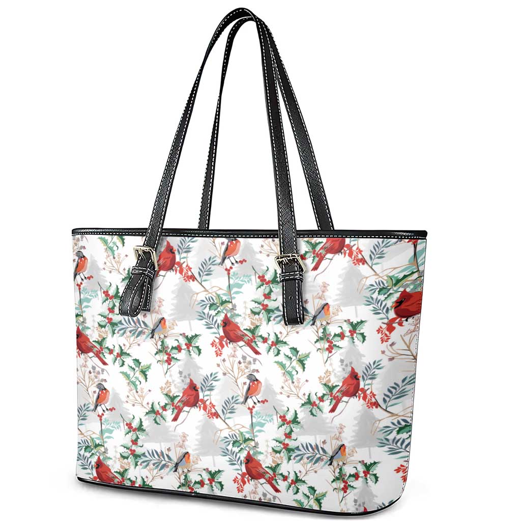 Cardinal Christmas White Leather Tote Bag Xmas Pattern - Wonder Print Shop