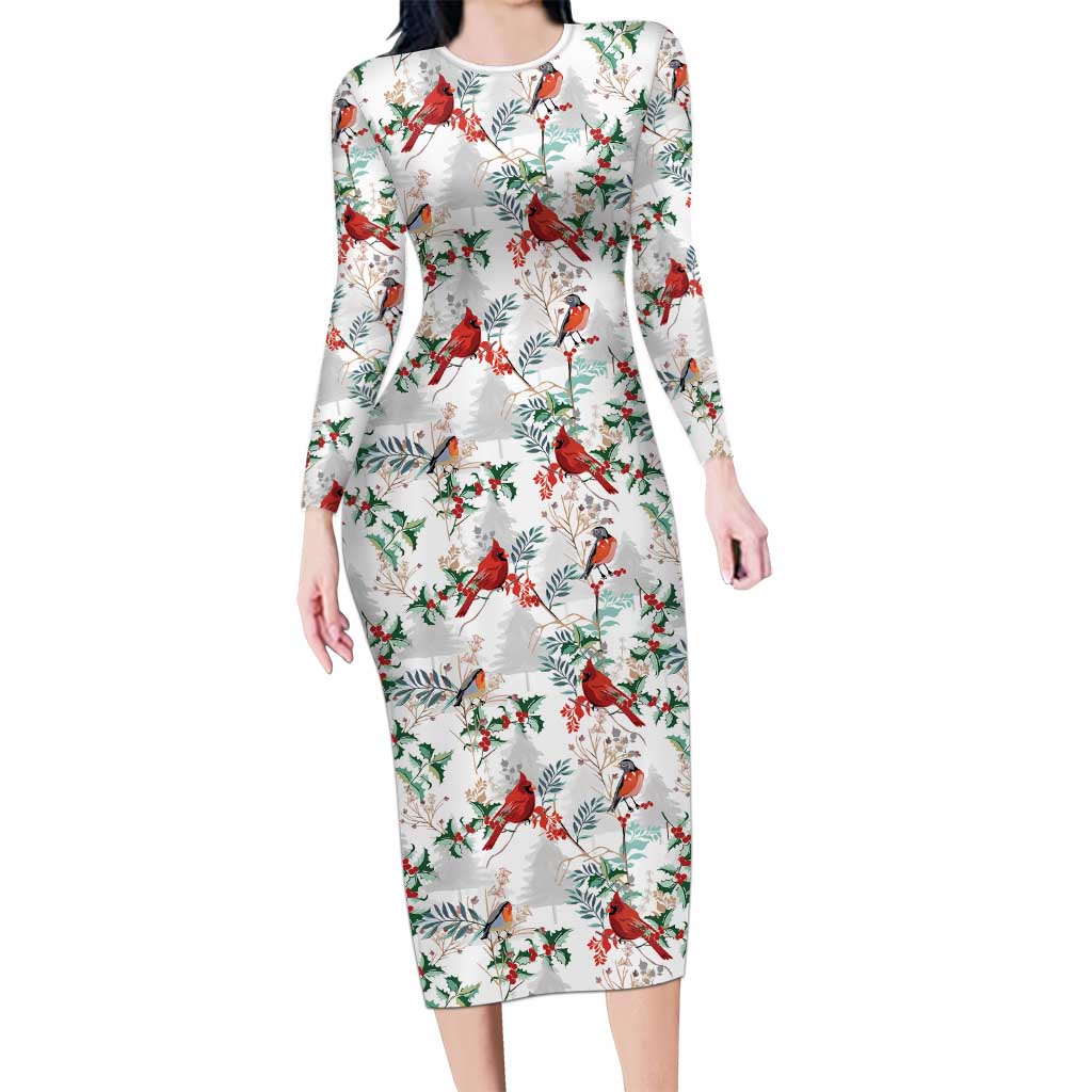 Cardinal Christmas White Long Sleeve Bodycon Dress Xmas Pattern - Wonder Print Shop