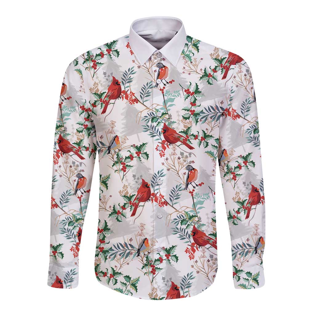 Cardinal Christmas White Long Sleeve Button Shirt Xmas Pattern - Wonder Print Shop