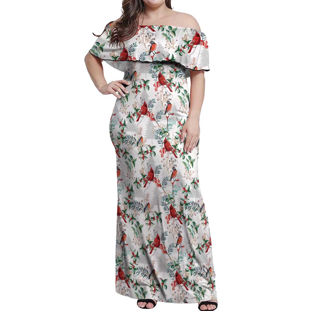 Cardinal Christmas White Off Shoulder Maxi Dress Xmas Pattern - Wonder Print Shop