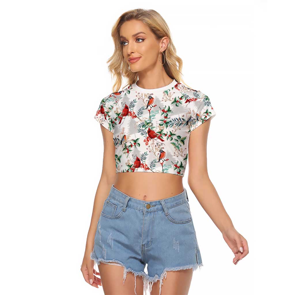 Cardinal Christmas White Raglan Cropped T Shirt Xmas Pattern - Wonder Print Shop
