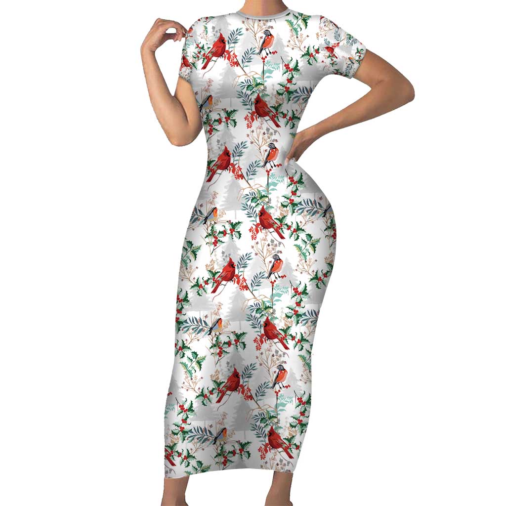 Cardinal Christmas White Short Sleeve Bodycon Dress Xmas Pattern - Wonder Print Shop