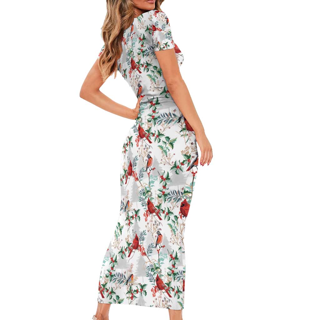 Cardinal Christmas White Short Sleeve Bodycon Dress Xmas Pattern - Wonder Print Shop