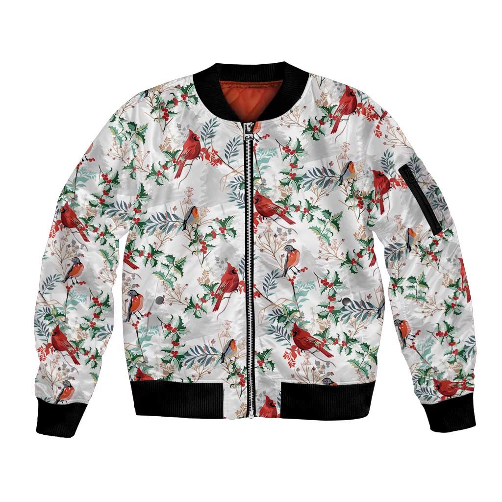 Cardinal Christmas White Sleeve Zip Bomber Jacket Xmas Pattern - Wonder Print Shop
