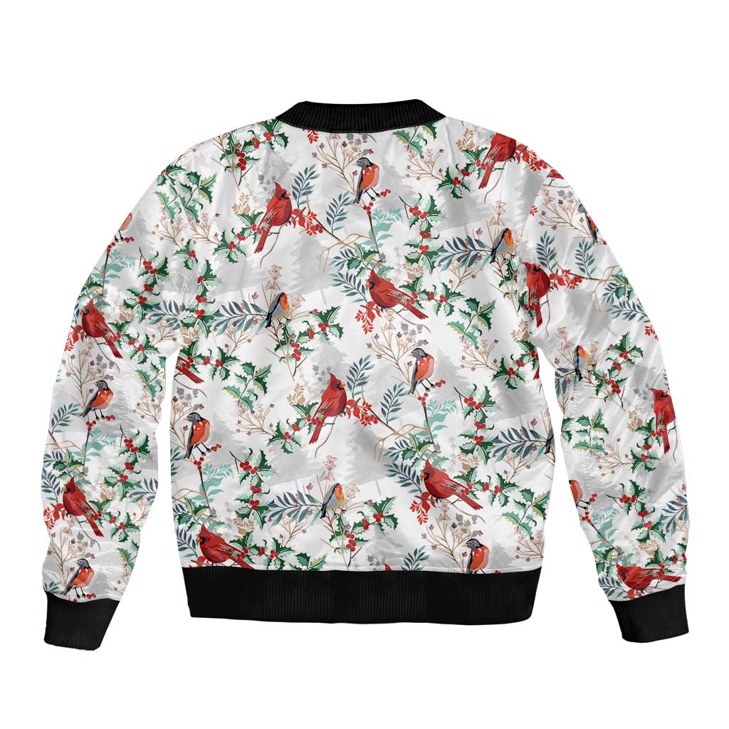 Cardinal Christmas White Sleeve Zip Bomber Jacket Xmas Pattern - Wonder Print Shop