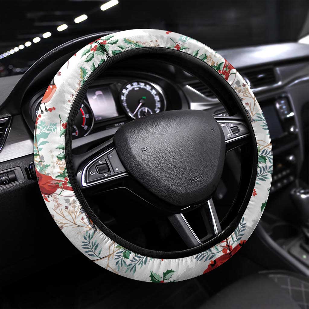 Cardinal Christmas White Steering Wheel Cover Xmas Pattern - Wonder Print Shop