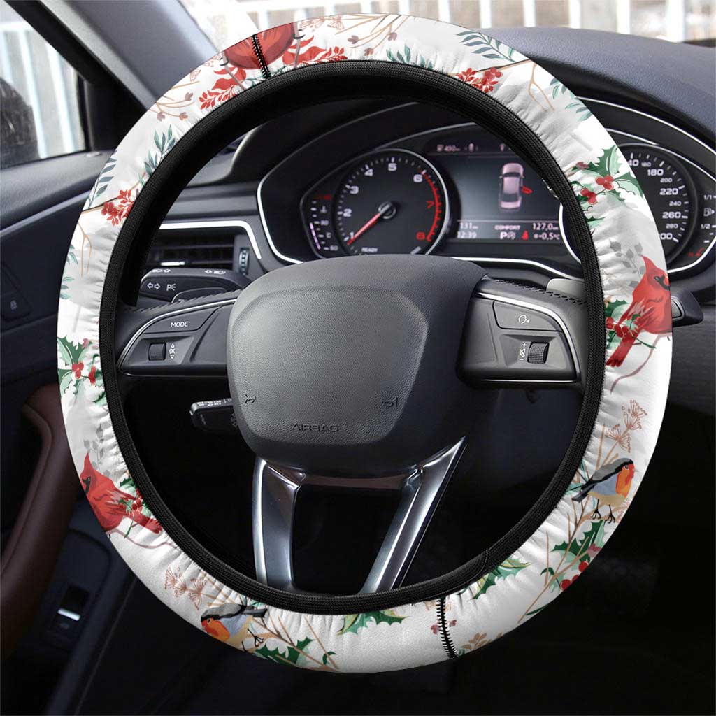 Cardinal Christmas White Steering Wheel Cover Xmas Pattern - Wonder Print Shop
