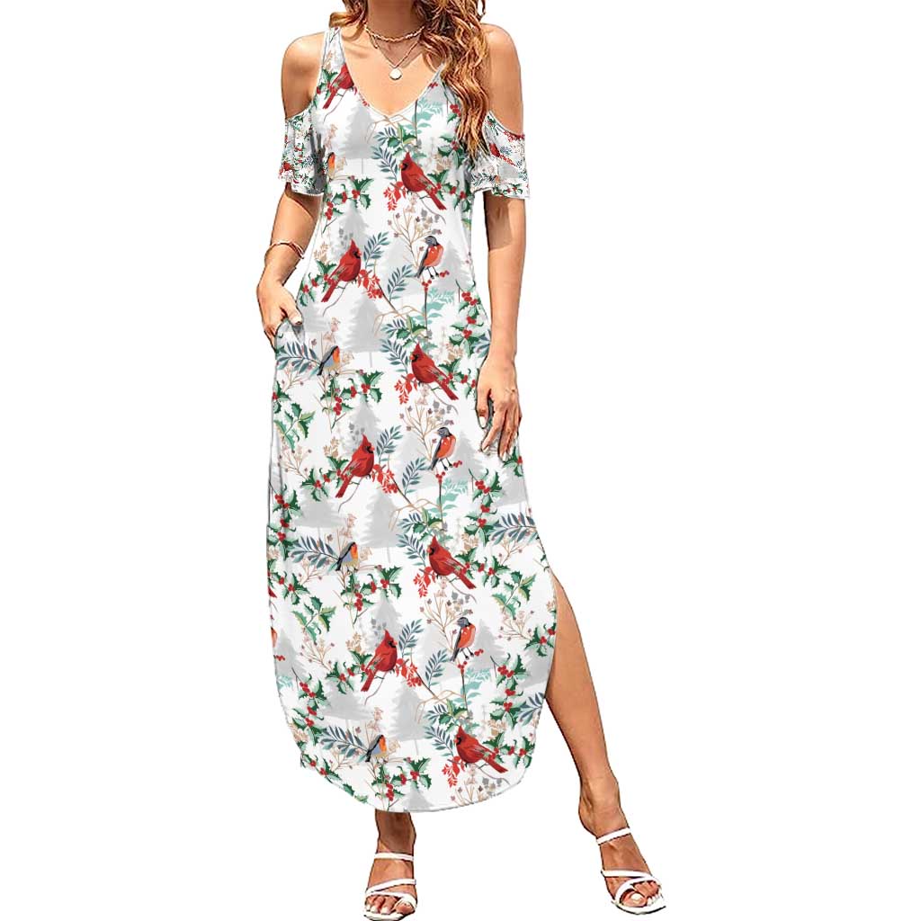 Cardinal Christmas White Summer Maxi Dress Xmas Pattern - Wonder Print Shop