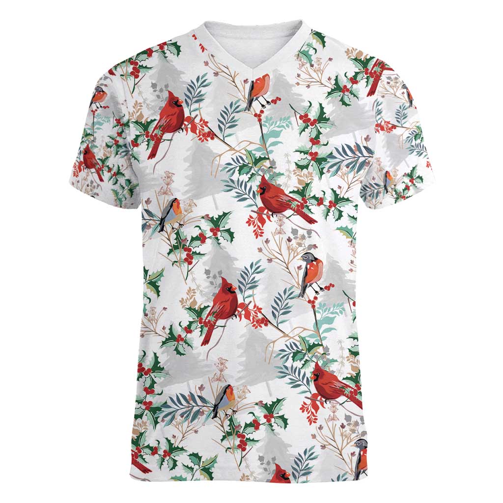 Cardinal Christmas White Women V-Neck T-Shirt Xmas Pattern - Wonder Print Shop