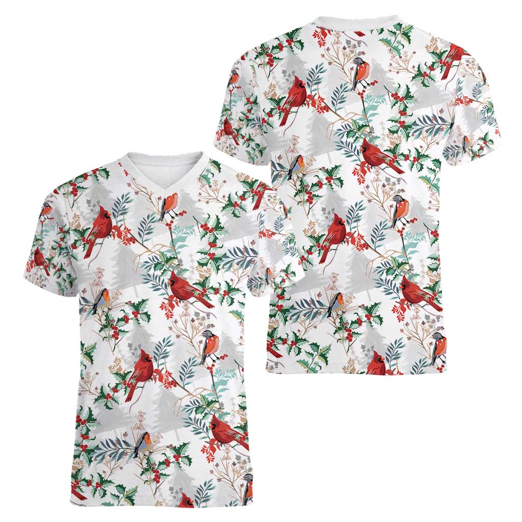 Cardinal Christmas White Women V-Neck T-Shirt Xmas Pattern - Wonder Print Shop