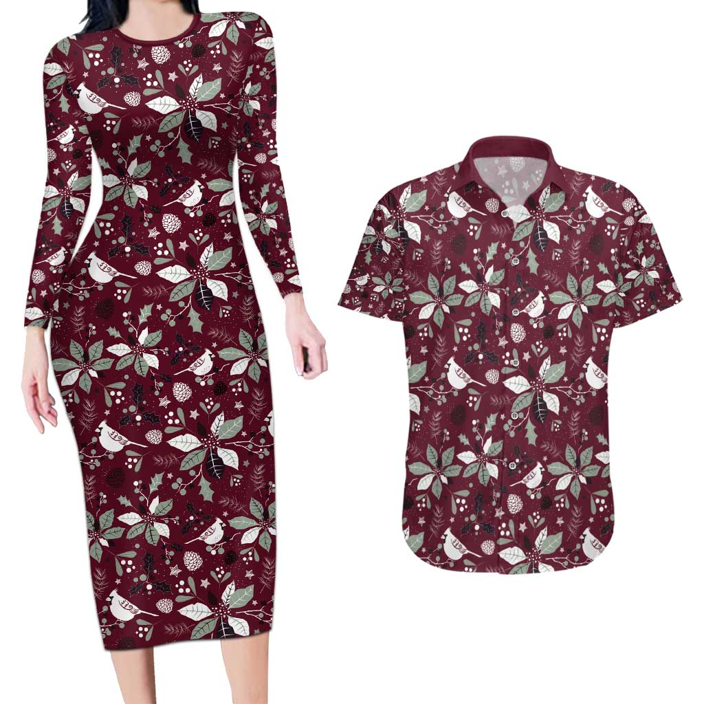 Cardinal Christmas Wine Red Couples Matching Long Sleeve Bodycon Dress and Hawaiian Shirt Xmas Pattern - Wonder Print Shop