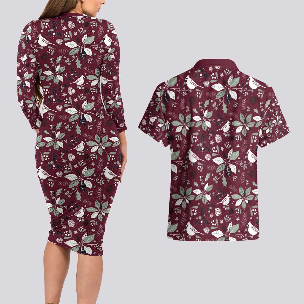 Cardinal Christmas Wine Red Couples Matching Long Sleeve Bodycon Dress and Hawaiian Shirt Xmas Pattern - Wonder Print Shop