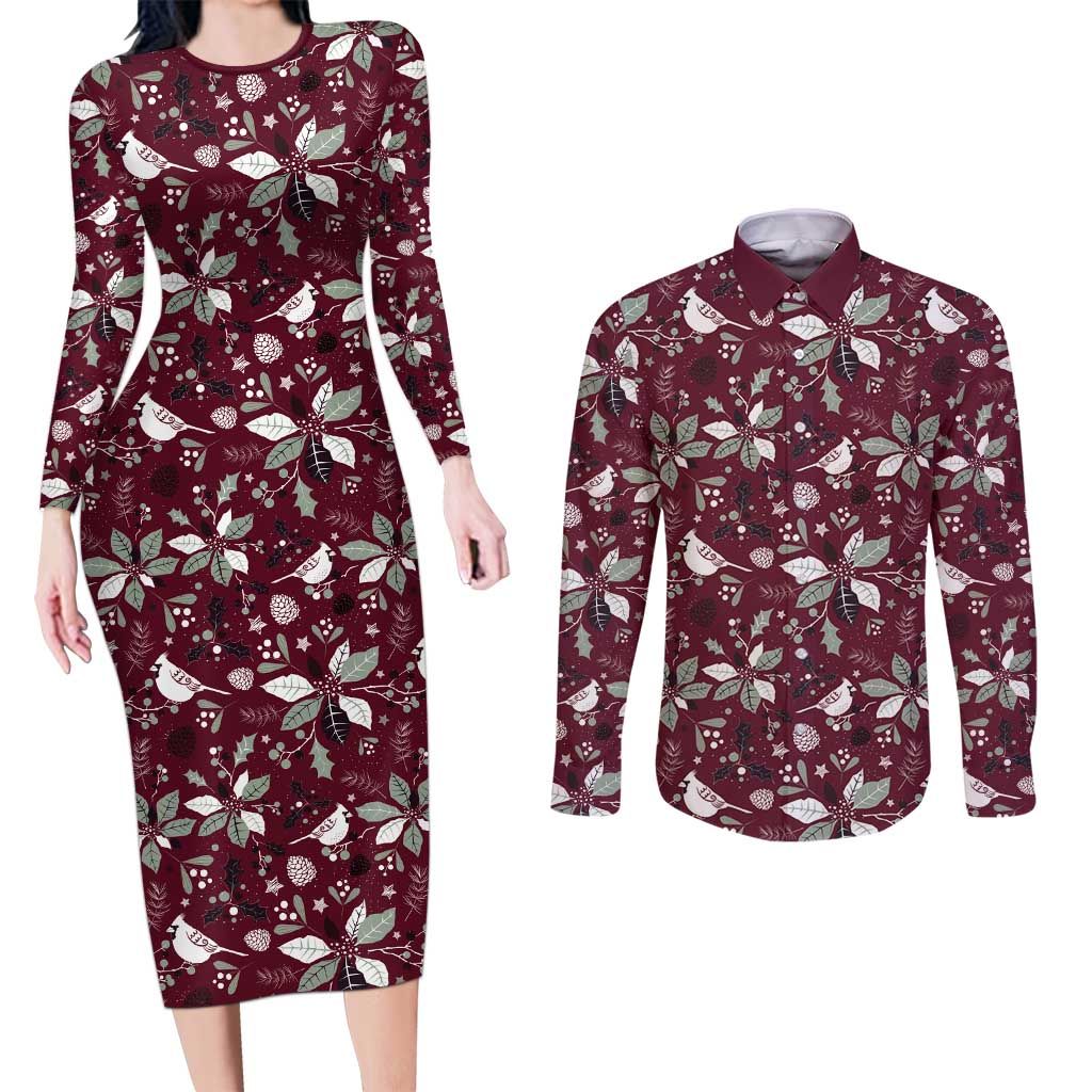 Cardinal Christmas Wine Red Couples Matching Long Sleeve Bodycon Dress and Long Sleeve Button Shirt Xmas Pattern - Wonder Print Shop