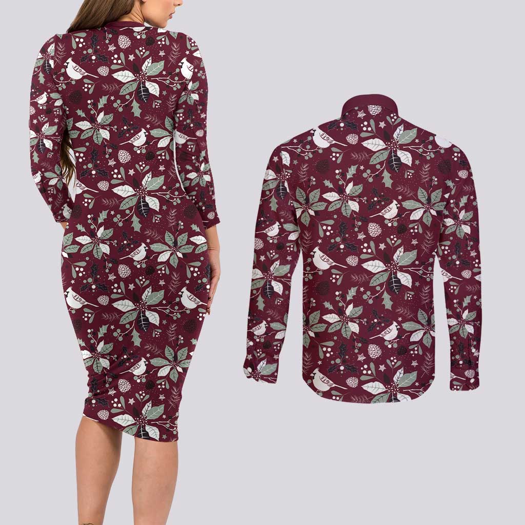 Cardinal Christmas Wine Red Couples Matching Long Sleeve Bodycon Dress and Long Sleeve Button Shirt Xmas Pattern - Wonder Print Shop