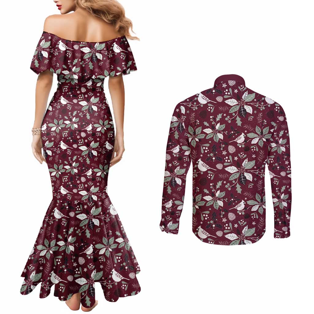 Cardical Christmas Wine Red Couples Matching Mermaid Dress and Long Sleeve Button Shirt Xmas Pattern