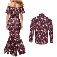 Cardical Christmas Wine Red Couples Matching Mermaid Dress and Long Sleeve Button Shirt Xmas Pattern