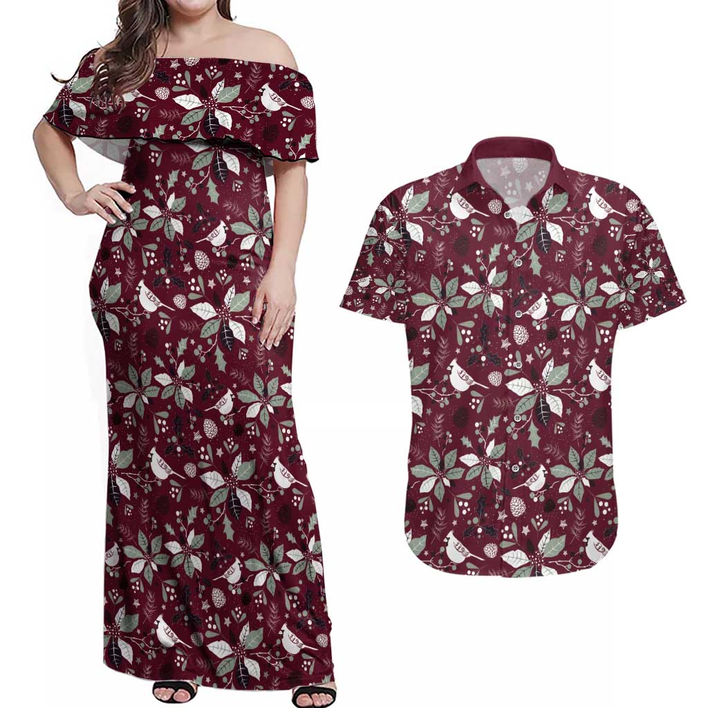 Cardinal Christmas Wine Red Couples Matching Off Shoulder Maxi Dress and Hawaiian Shirt Xmas Pattern - Wonder Print Shop