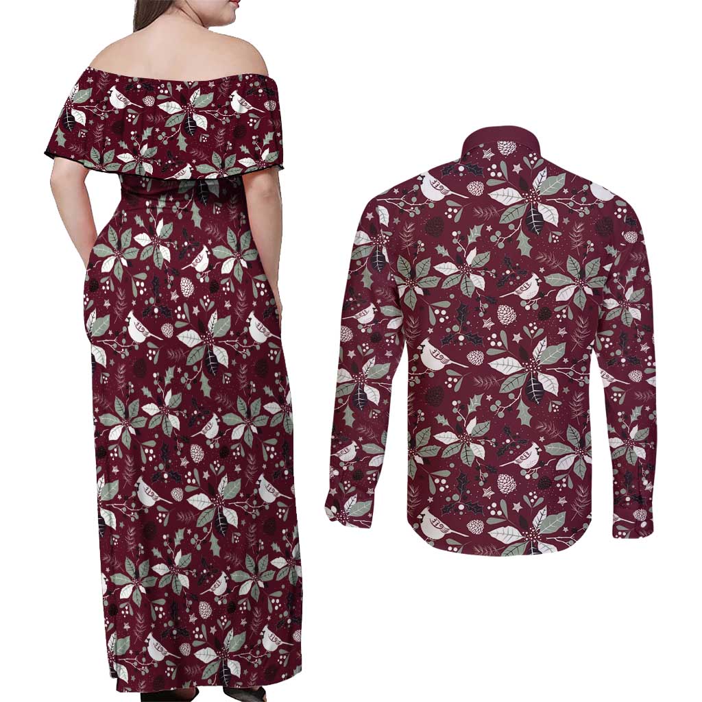 Cardinal Christmas Wine Red Couples Matching Off Shoulder Maxi Dress and Long Sleeve Button Shirt Xmas Pattern - Wonder Print Shop