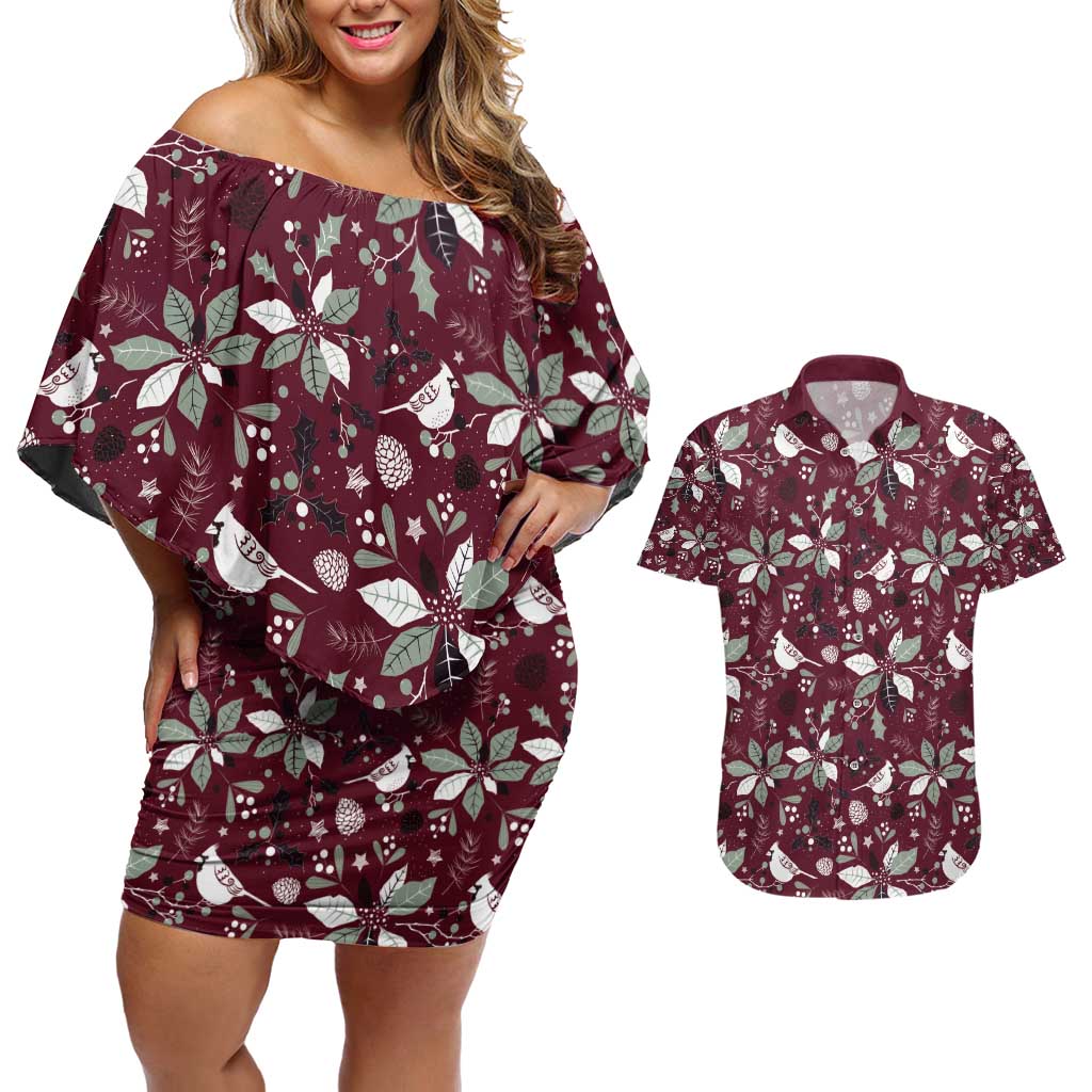 Cardinal Christmas Wine Red Couples Matching Off Shoulder Short Dress and Hawaiian Shirt Xmas Pattern - Wonder Print Shop