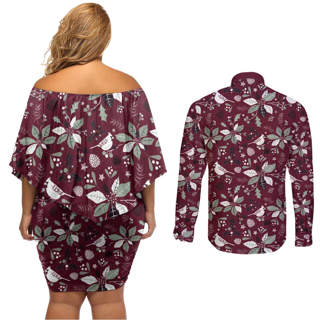 Cardinal Christmas Wine Red Couples Matching Off Shoulder Short Dress and Long Sleeve Button Shirt Xmas Pattern - Wonder Print Shop