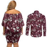 Cardinal Christmas Wine Red Couples Matching Off Shoulder Short Dress and Long Sleeve Button Shirt Xmas Pattern - Wonder Print Shop