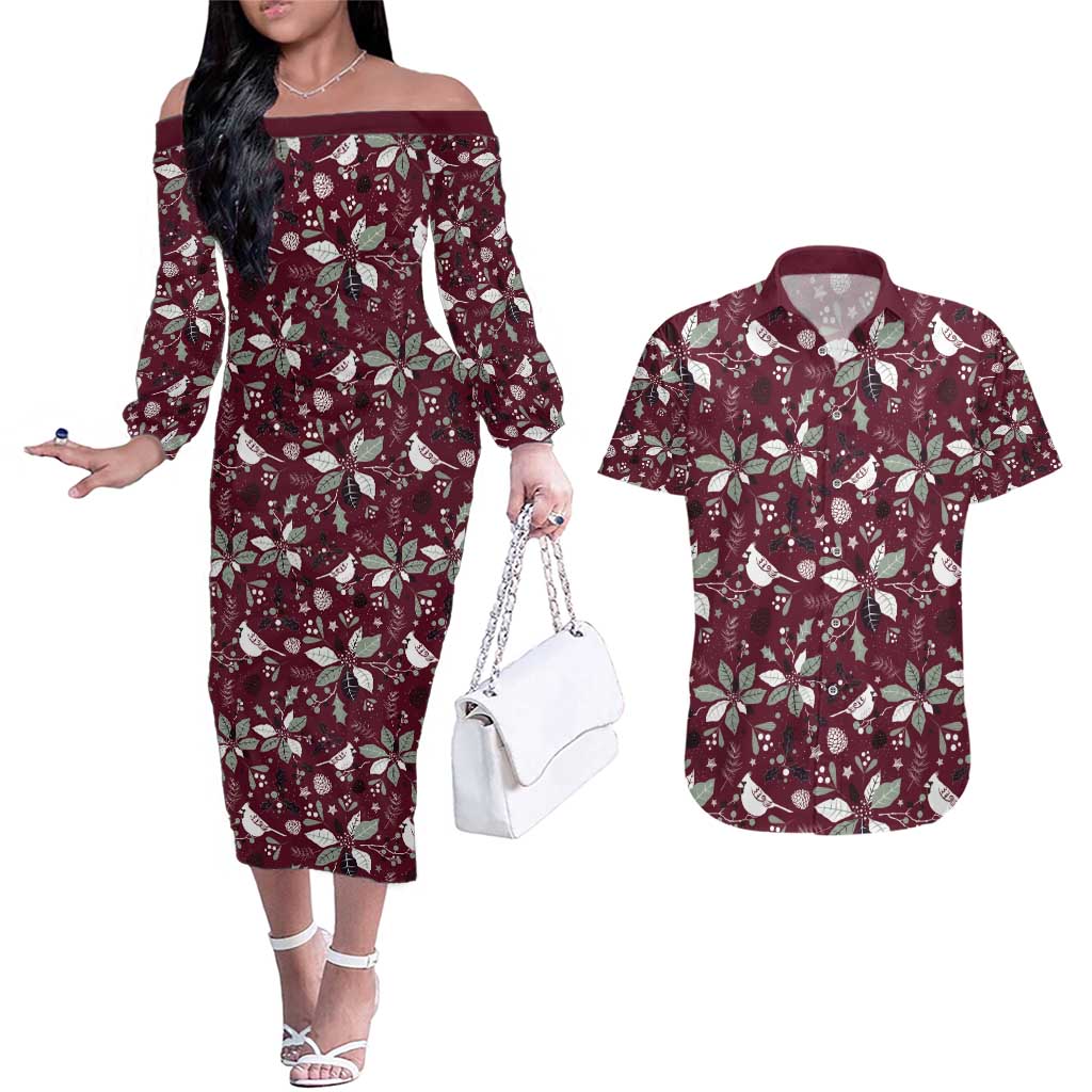 Cardinal Christmas Wine Red Couples Matching Off The Shoulder Long Sleeve Dress and Hawaiian Shirt Xmas Pattern - Wonder Print Shop