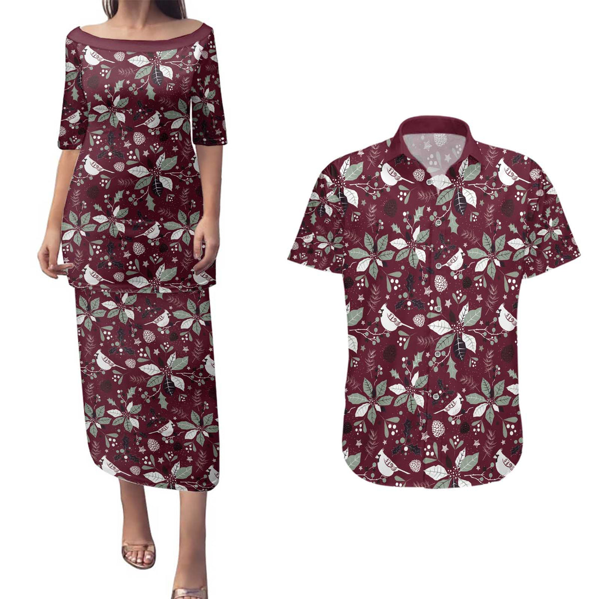 Cardinal Christmas Wine Red Couples Matching Puletasi and Hawaiian Shirt Xmas Pattern - Wonder Print Shop