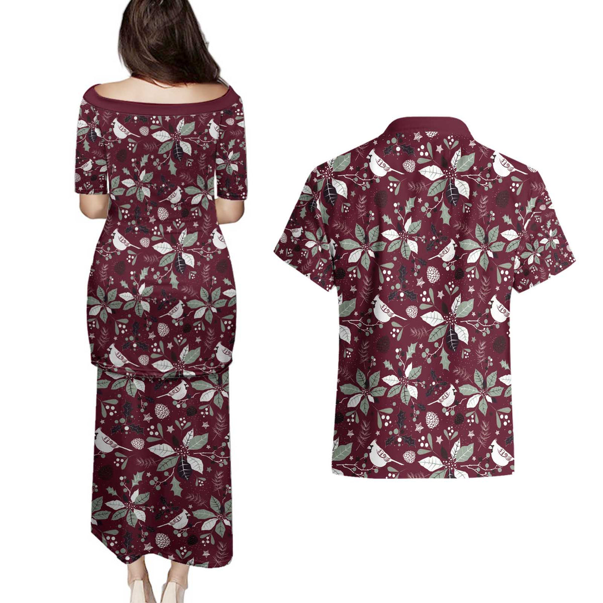 Cardinal Christmas Wine Red Couples Matching Puletasi and Hawaiian Shirt Xmas Pattern - Wonder Print Shop