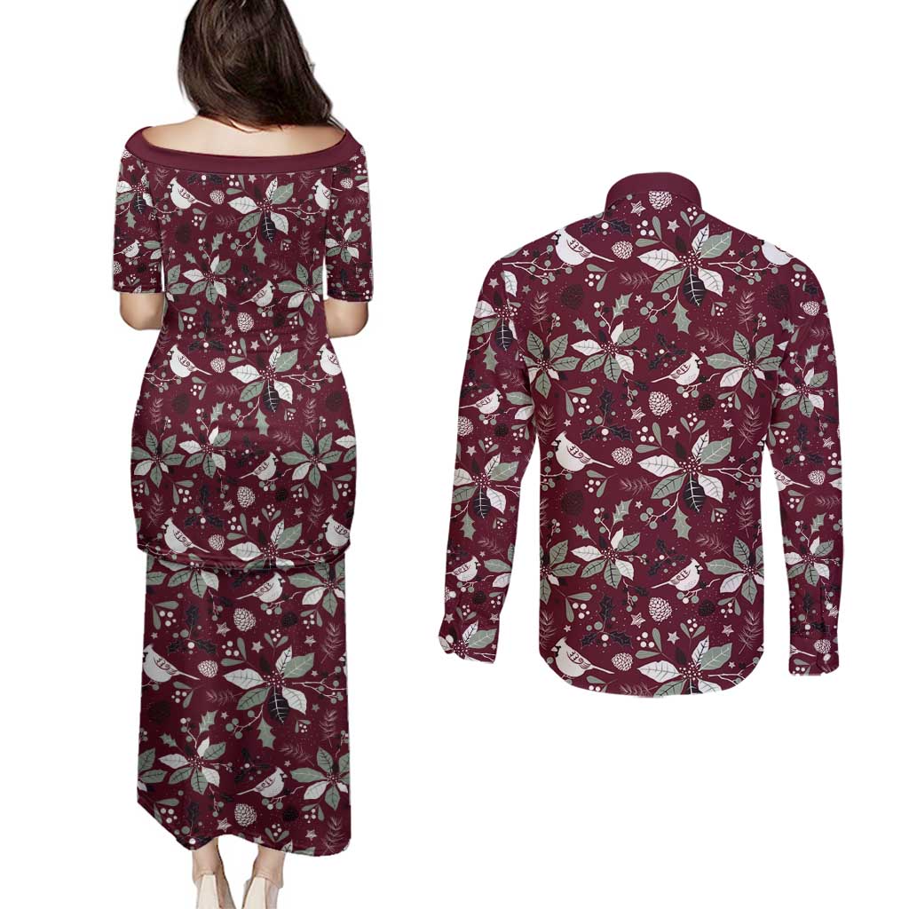 Cardinal Christmas Wine Red Couples Matching Puletasi and Long Sleeve Button Shirt Xmas Pattern - Wonder Print Shop
