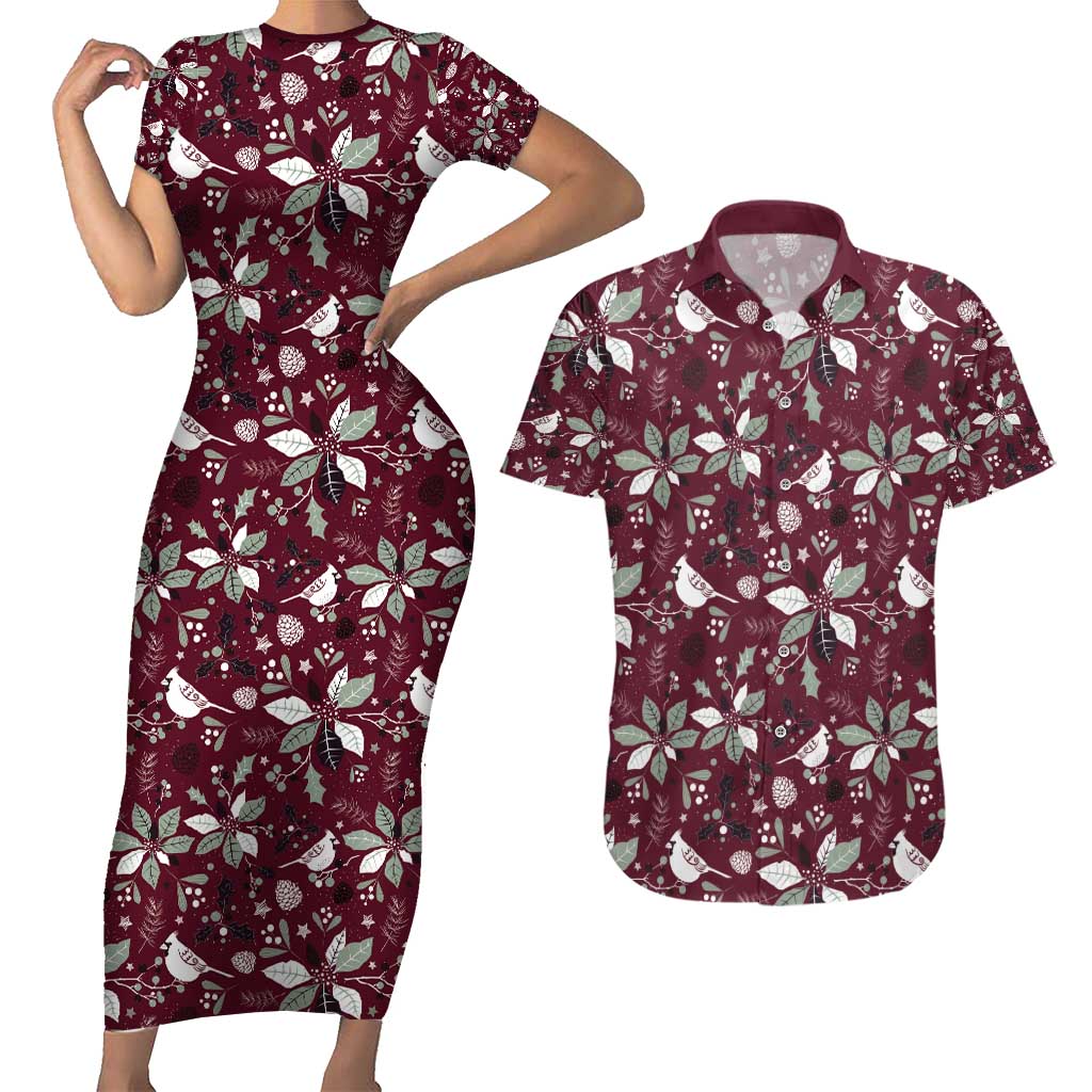 Cardinal Christmas Wine Red Couples Matching Short Sleeve Bodycon Dress and Hawaiian Shirt Xmas Pattern - Wonder Print Shop