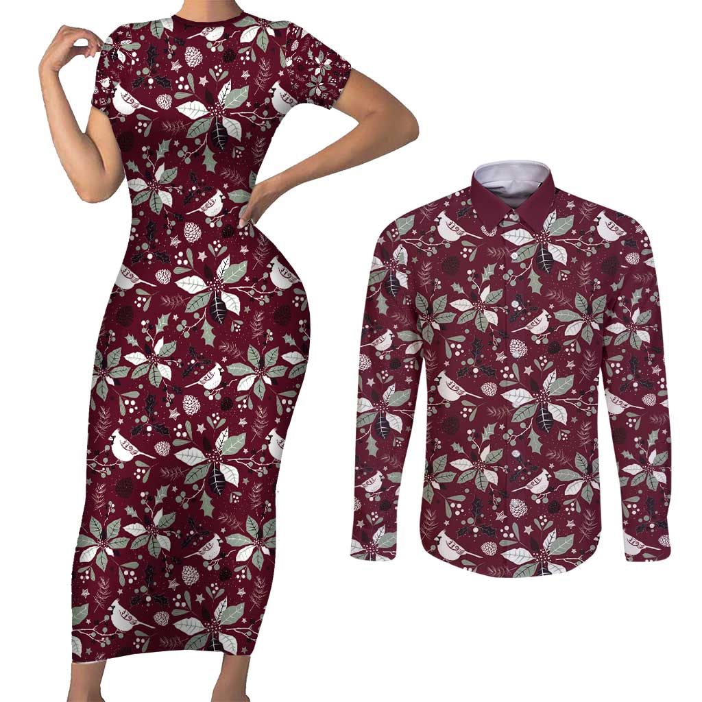 Cardinal Christmas Wine Red Couples Matching Short Sleeve Bodycon Dress and Long Sleeve Button Shirt Xmas Pattern - Wonder Print Shop