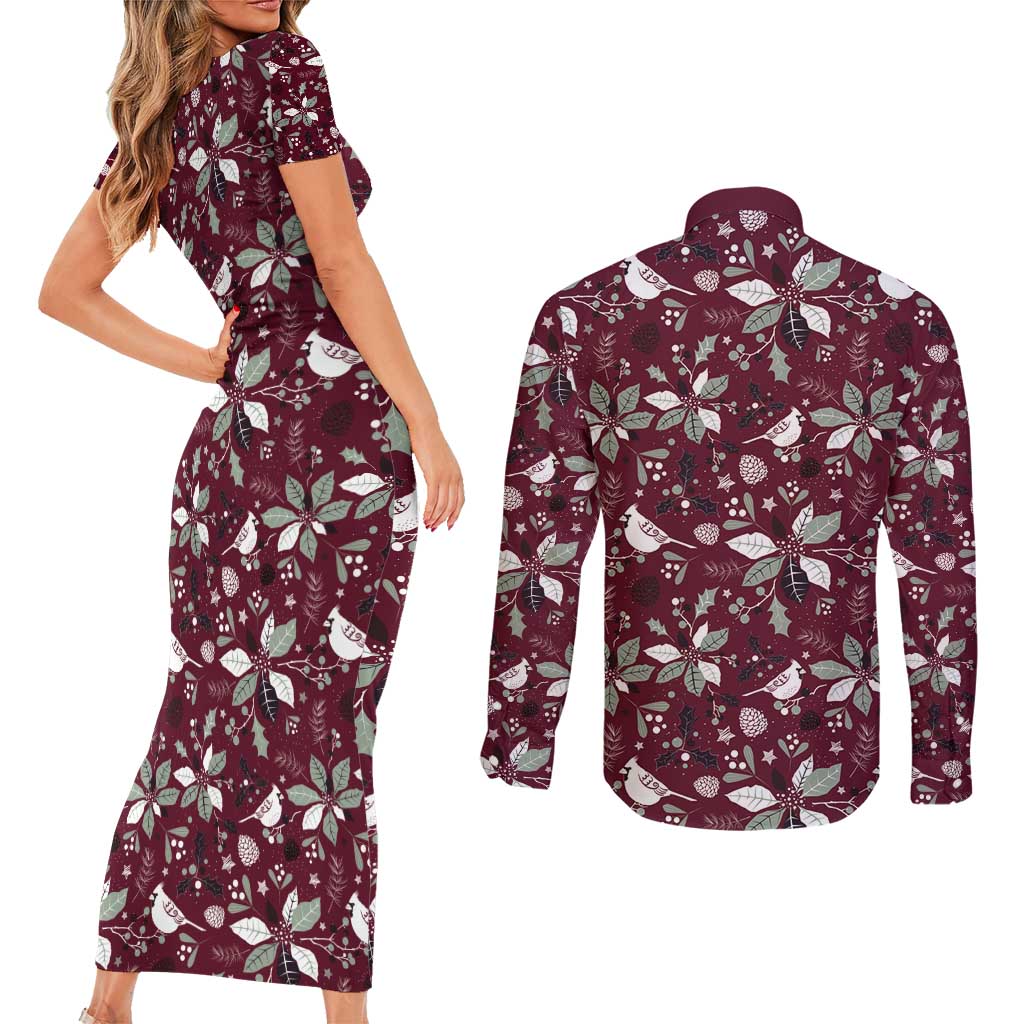 Cardinal Christmas Wine Red Couples Matching Short Sleeve Bodycon Dress and Long Sleeve Button Shirt Xmas Pattern - Wonder Print Shop