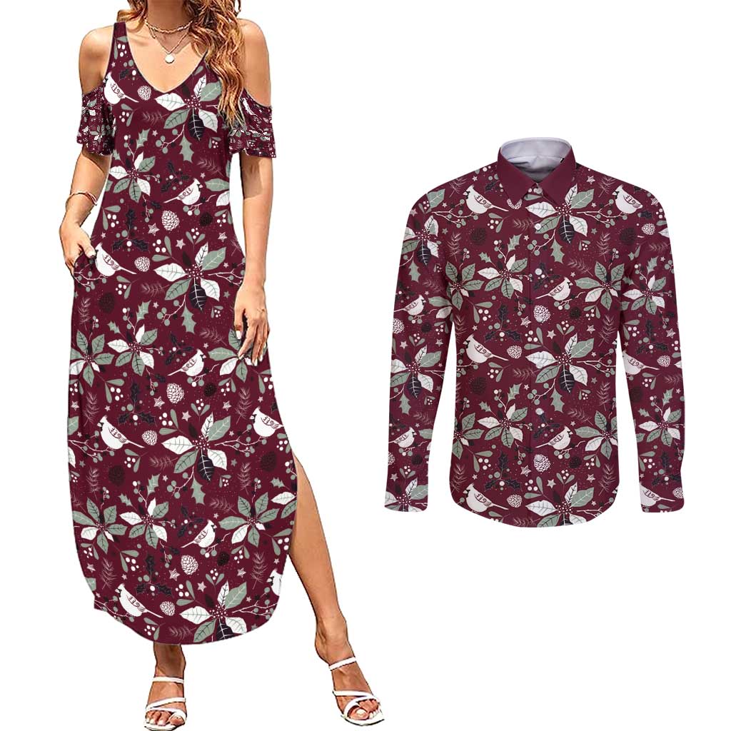 Cardinal Christmas Wine Red Couples Matching Summer Maxi Dress and Long Sleeve Button Shirt Xmas Pattern - Wonder Print Shop