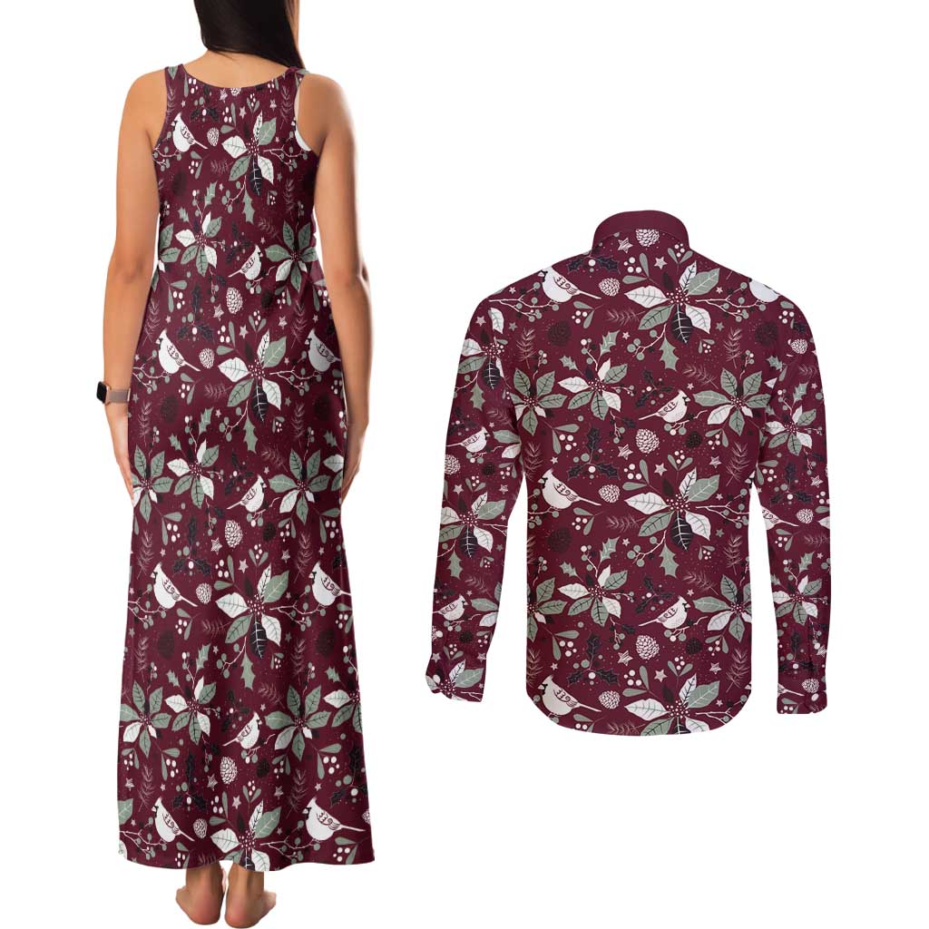 Cardinal Christmas Wine Red Couples Matching Tank Maxi Dress and Long Sleeve Button Shirt Xmas Pattern - Wonder Print Shop