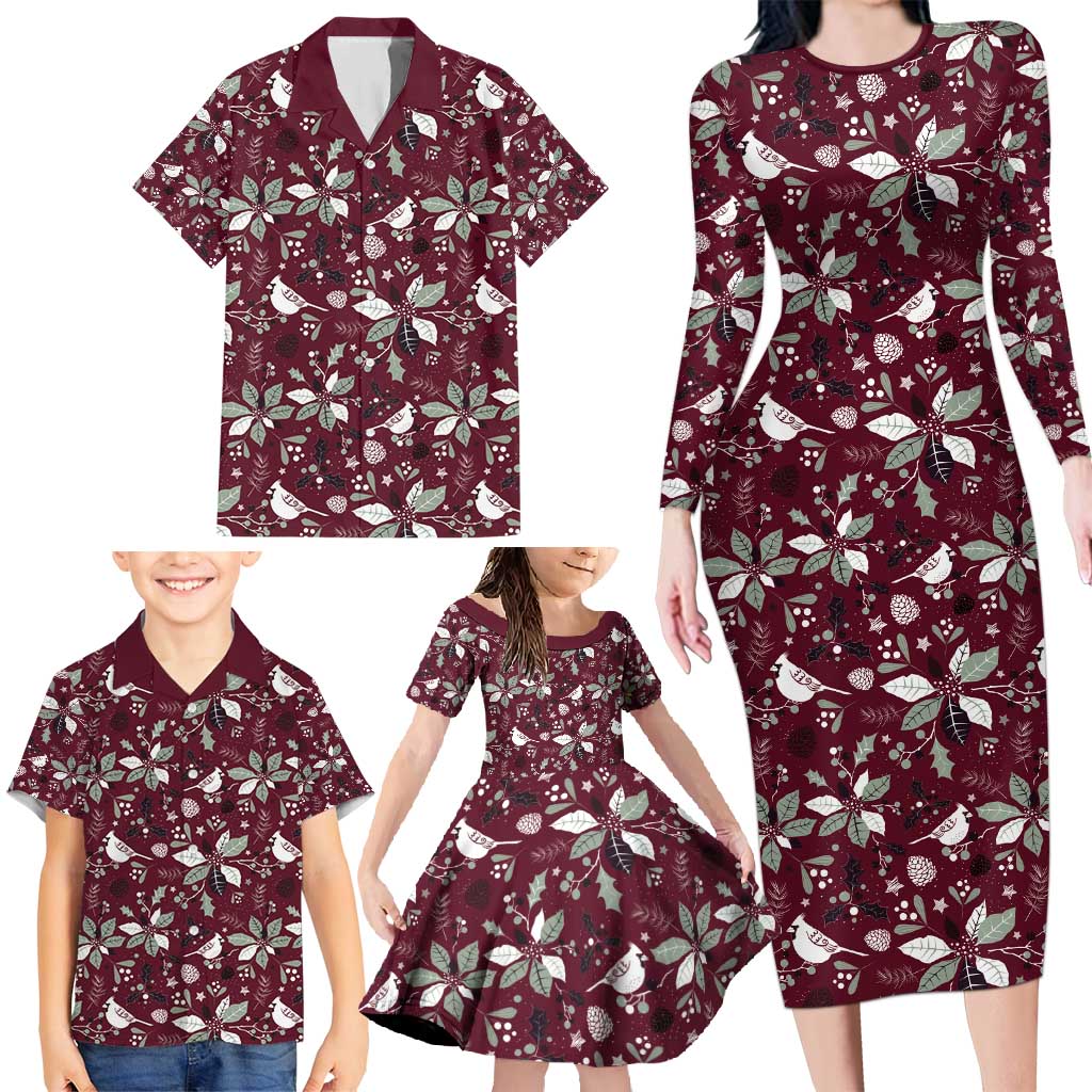Cardinal Christmas Wine Red Family Matching Long Sleeve Bodycon Dress and Hawaiian Shirt Xmas Pattern - Wonder Print Shop