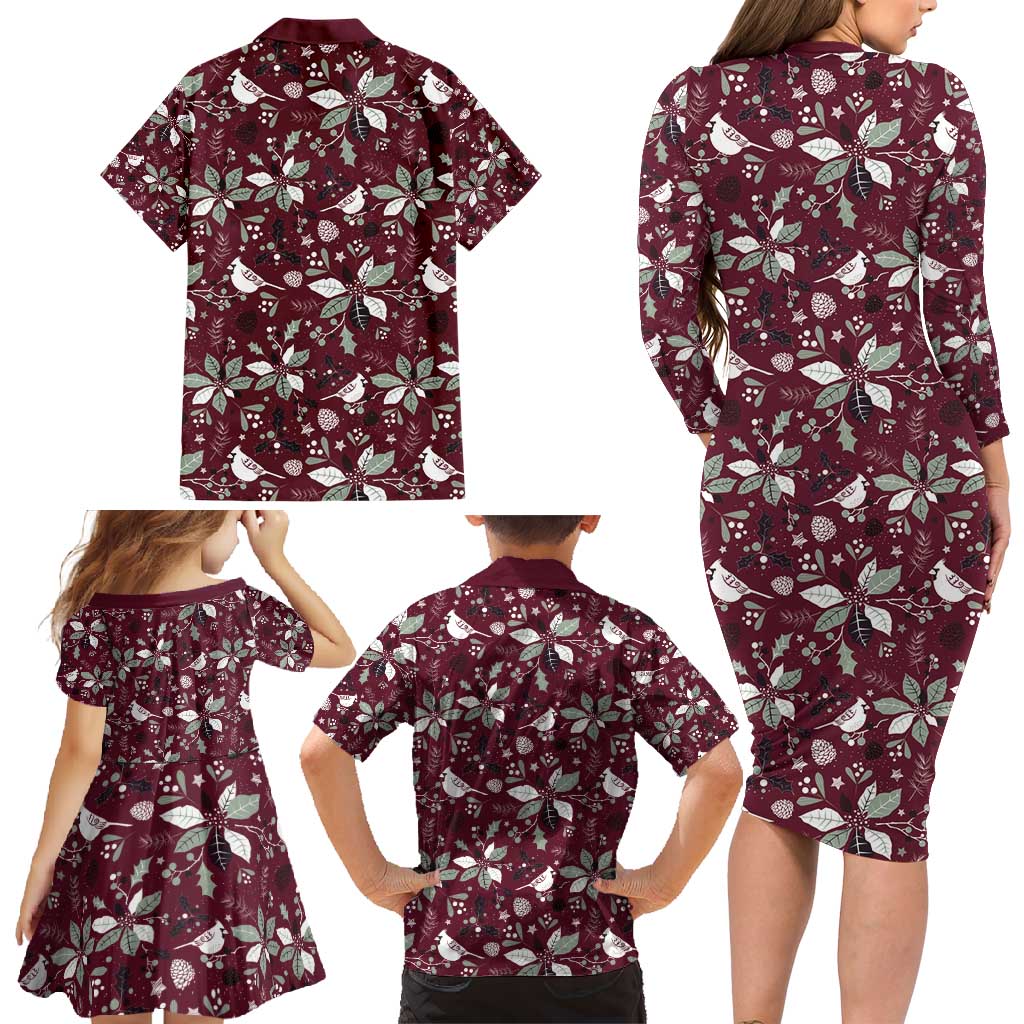 Cardinal Christmas Wine Red Family Matching Long Sleeve Bodycon Dress and Hawaiian Shirt Xmas Pattern - Wonder Print Shop