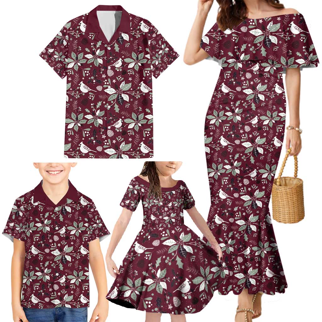 Cardinal Christmas Wine Red Family Matching Mermaid Dress and Hawaiian Shirt Xmas Pattern - Wonder Print Shop