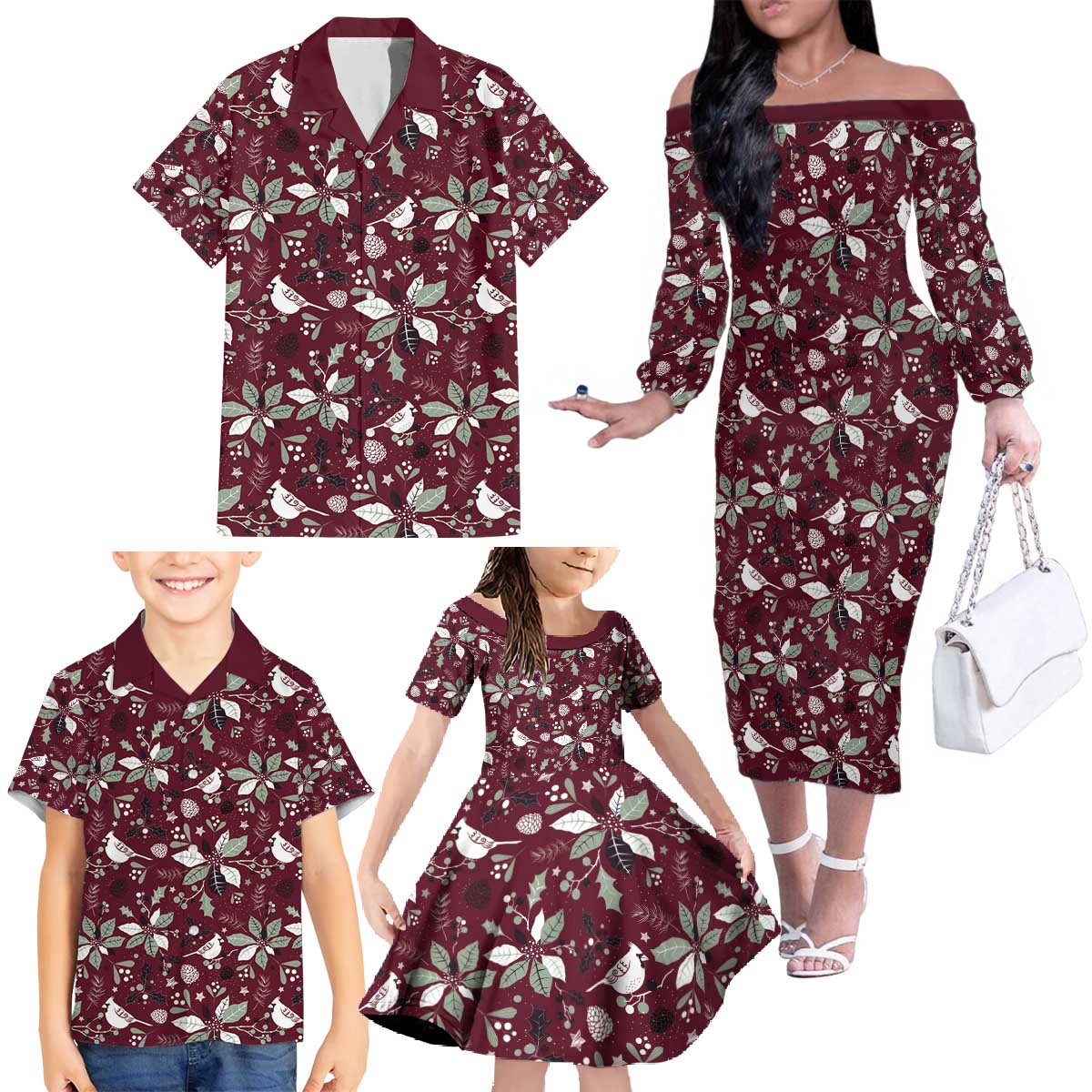 Cardinal Christmas Wine Red Family Matching Off The Shoulder Long Sleeve Dress and Hawaiian Shirt Xmas Pattern - Wonder Print Shop