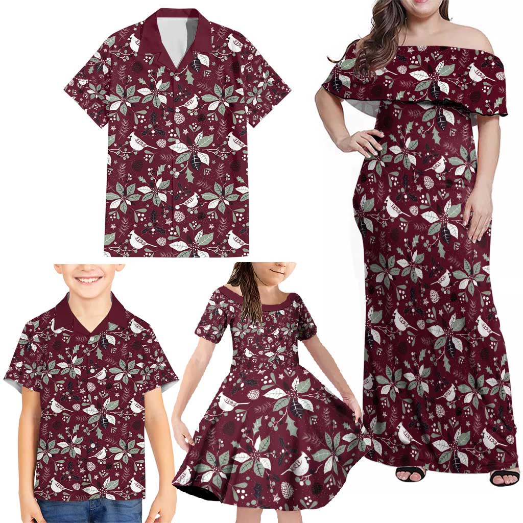 Cardinal Christmas Wine Red Family Matching Off Shoulder Maxi Dress and Hawaiian Shirt Xmas Pattern - Wonder Print Shop