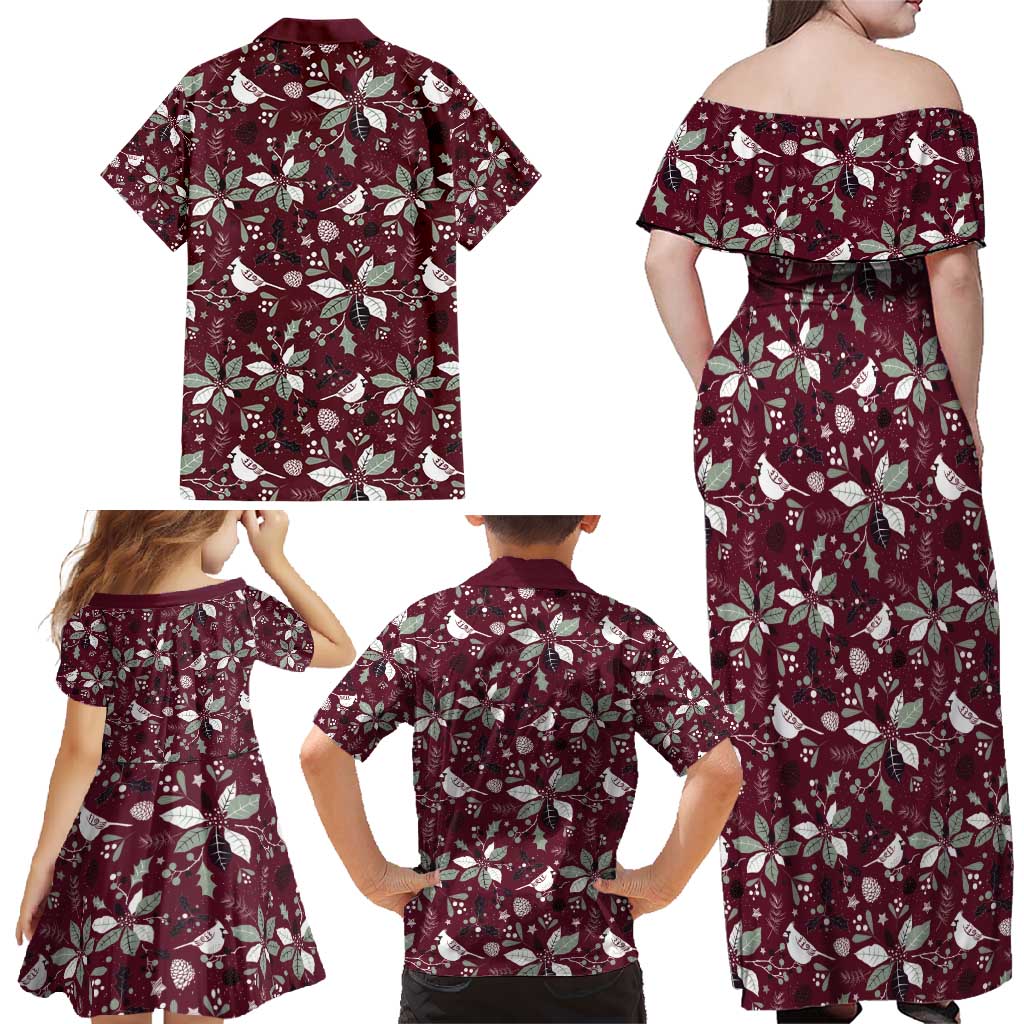 Cardinal Christmas Wine Red Family Matching Off Shoulder Maxi Dress and Hawaiian Shirt Xmas Pattern - Wonder Print Shop