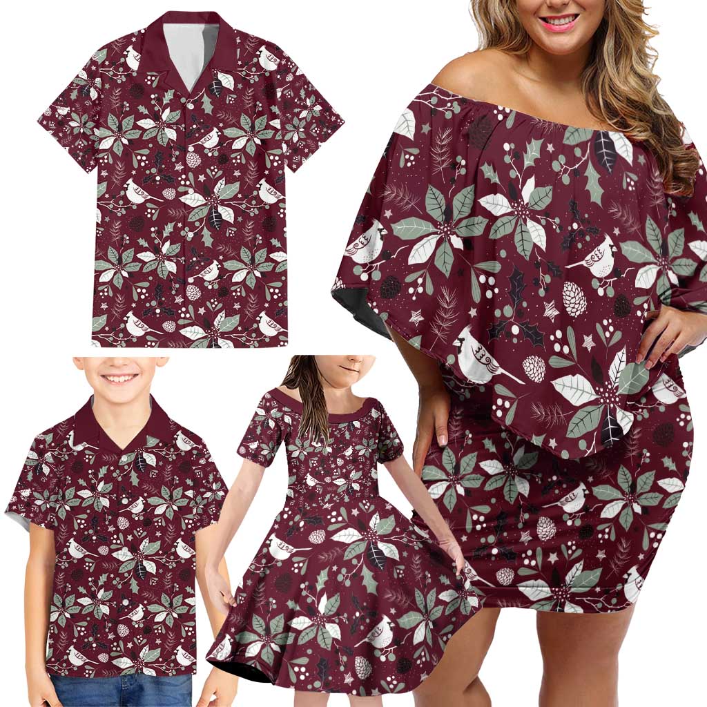 Cardinal Christmas Wine Red Family Matching Off Shoulder Short Dress and Hawaiian Shirt Xmas Pattern - Wonder Print Shop