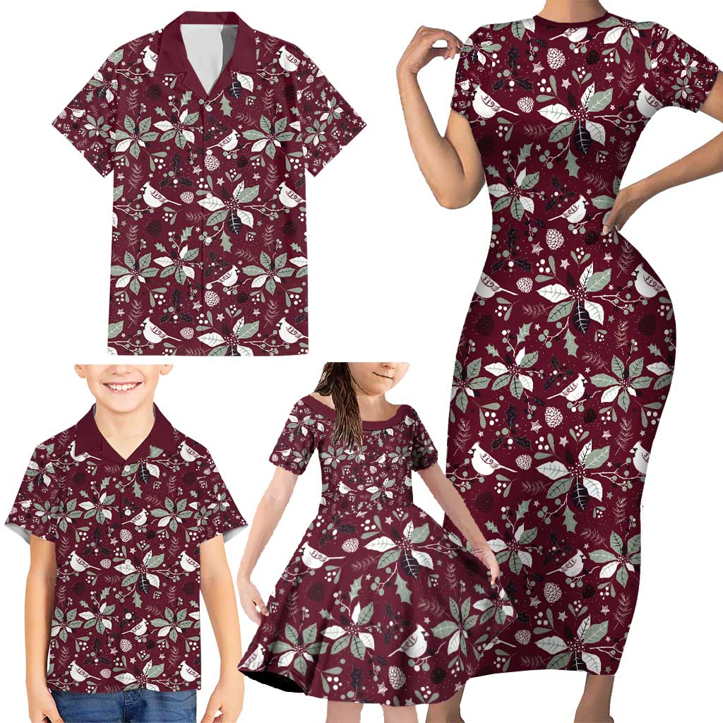 Cardinal Christmas Wine Red Family Matching Short Sleeve Bodycon Dress and Hawaiian Shirt Xmas Pattern - Wonder Print Shop