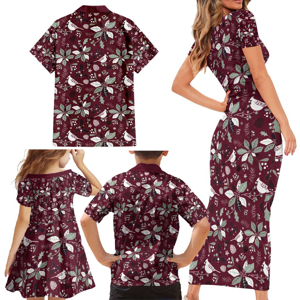 Cardinal Christmas Wine Red Family Matching Short Sleeve Bodycon Dress and Hawaiian Shirt Xmas Pattern - Wonder Print Shop