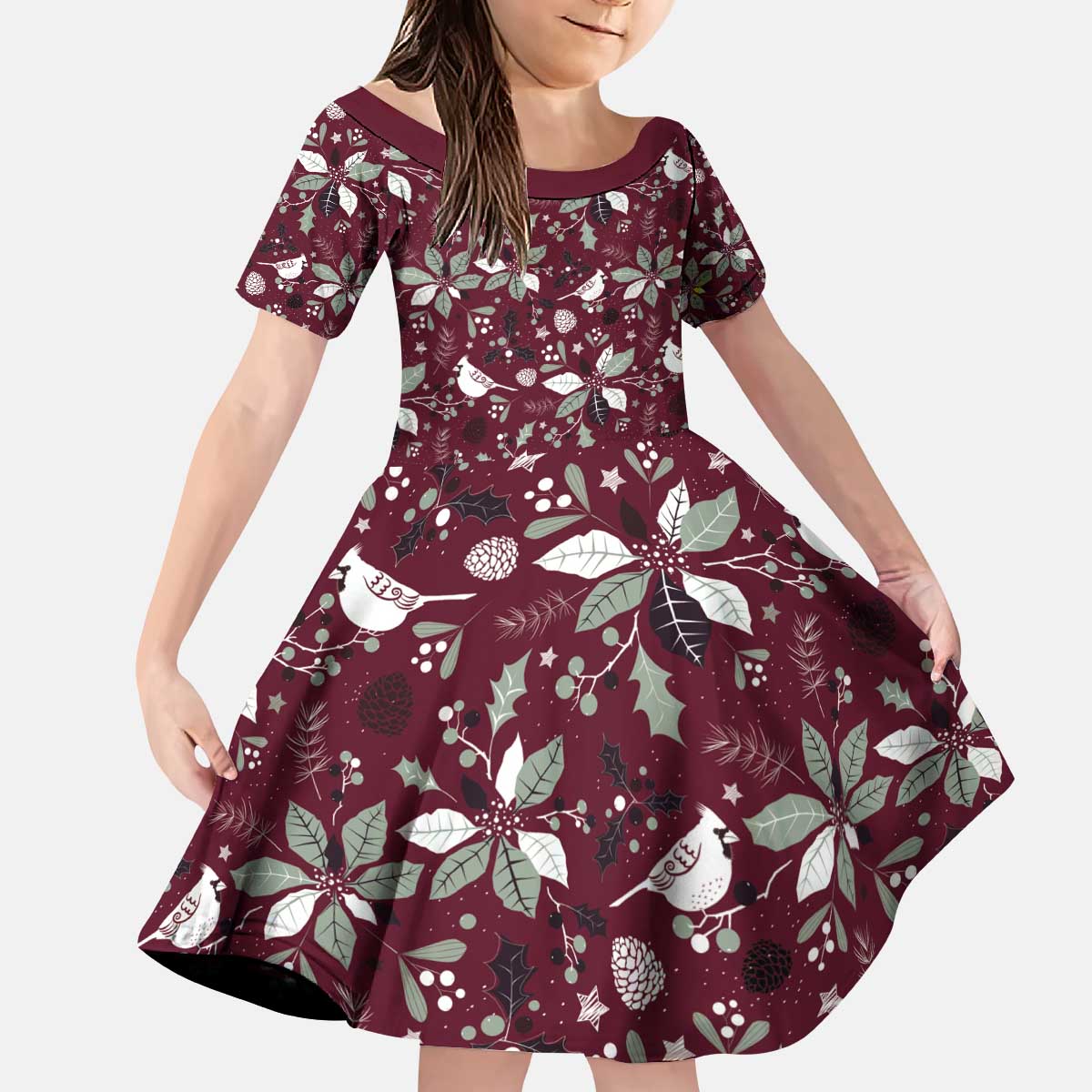 Cardinal Christmas Wine Red Kid Short Sleeve Dress Xmas Pattern - Wonder Print Shop