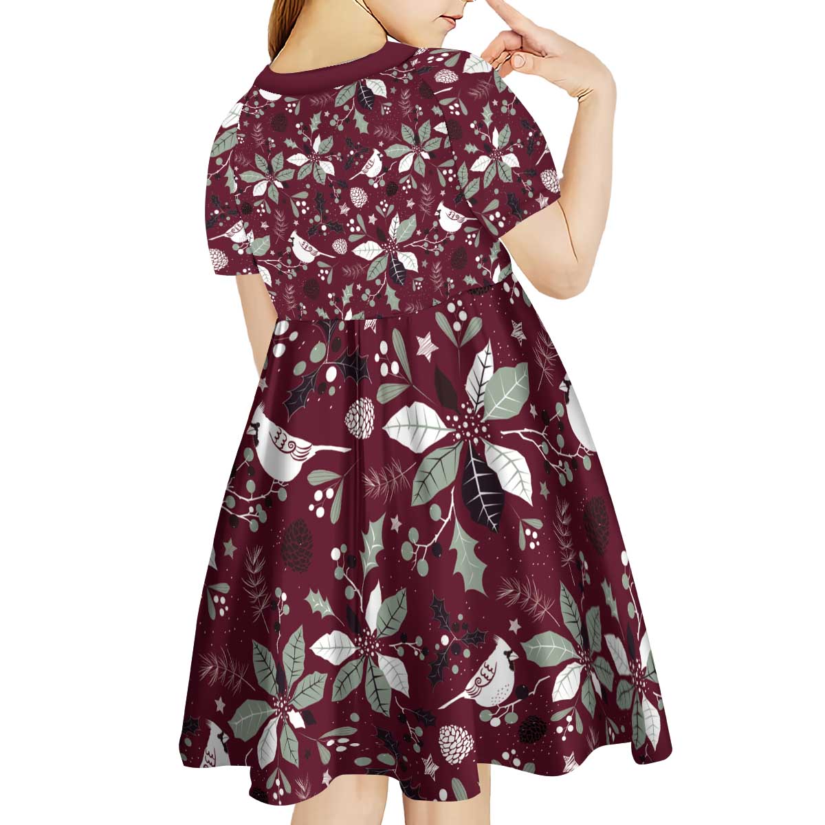 Cardinal Christmas Wine Red Kid Short Sleeve Dress Xmas Pattern - Wonder Print Shop