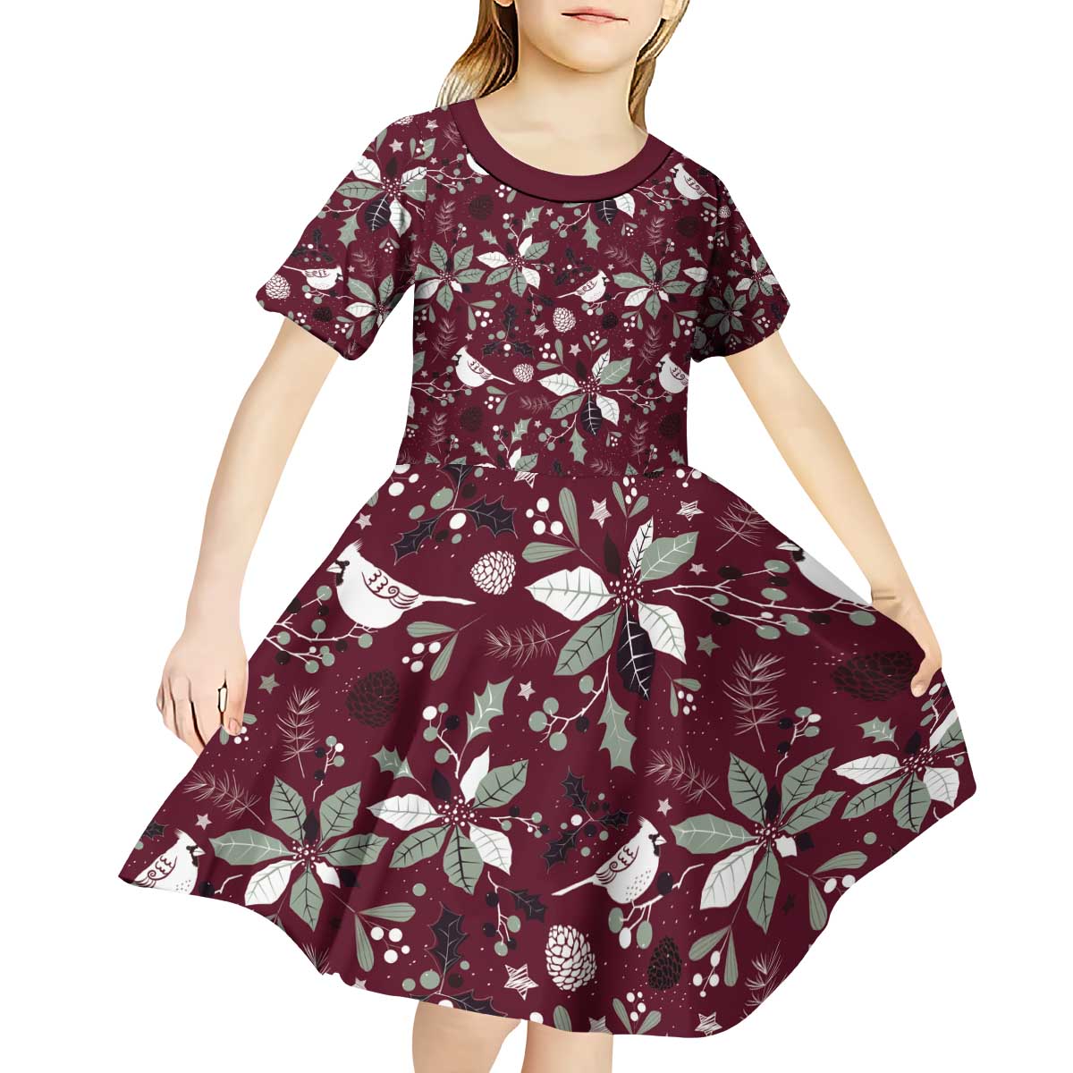 Cardinal Christmas Wine Red Kid Short Sleeve Dress Xmas Pattern - Wonder Print Shop