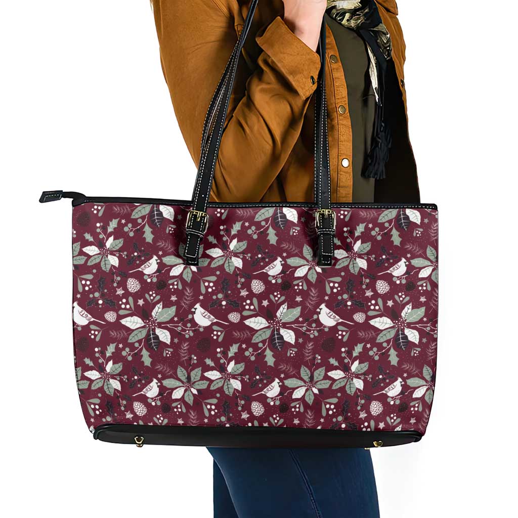 Cardinal Christmas Wine Red Leather Tote Bag Xmas Pattern - Wonder Print Shop